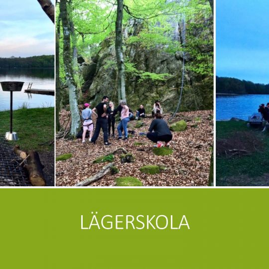 Allmän linje deltagare på lägerskola från vänster: paddling i Hallaskog, bergsklättring i Norra Rörum, och grillning vid Hallaskogs Lägergård.