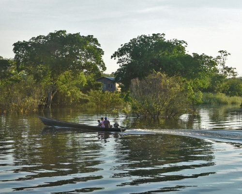 Vy av amazonfloden med båt och hus